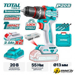 Ударная дрель-шуруповерт Total TIDLI20558 (с 2-мя АКБ, кейс)