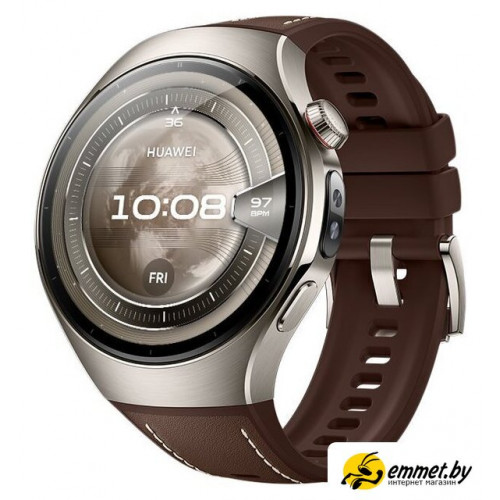 Умные часы Huawei Watch 5 46 мм (титановый, с коричневым силиконовым ремешком, меж