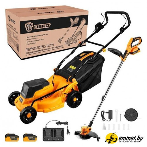 Наборы электроинструментов Deko DKLM40V и DKTR21 081-2035 (газонокосилка, триммер, 2 АКБ)