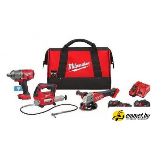 Наборы электроинструментов Milwaukee 4933498576 (гайковерт, болгарка, смазочный пистолет, 3 АКБ, сумк